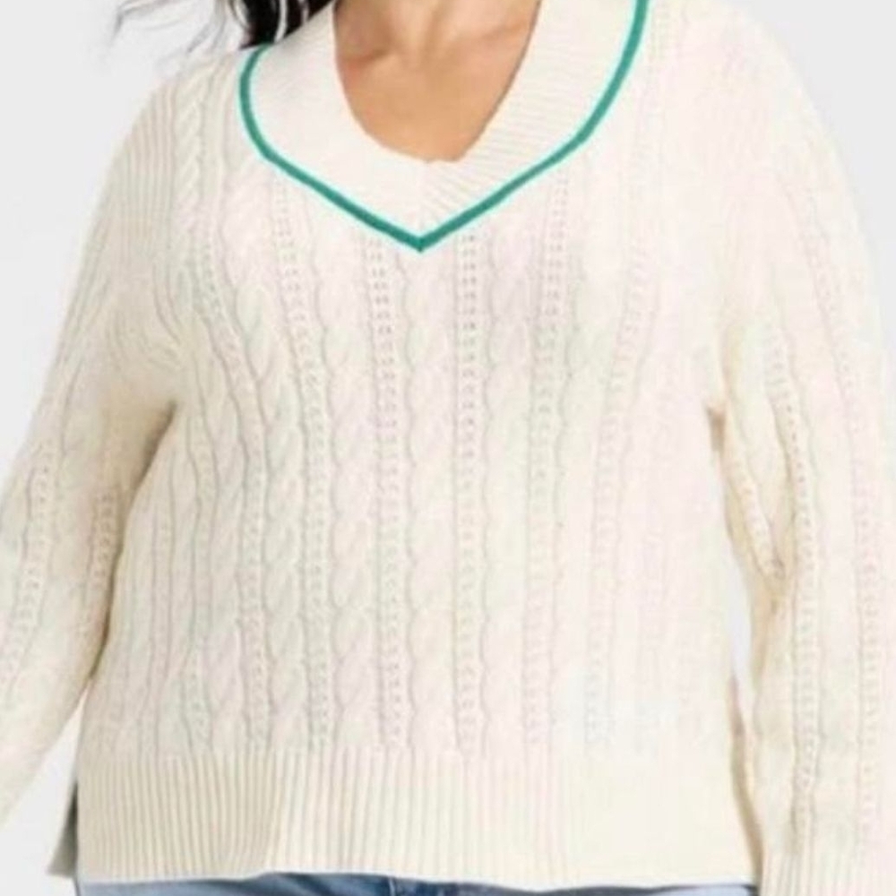 Ava & Viv Women’s Cream & Green Cable Knit Sweater — 1X NWT
